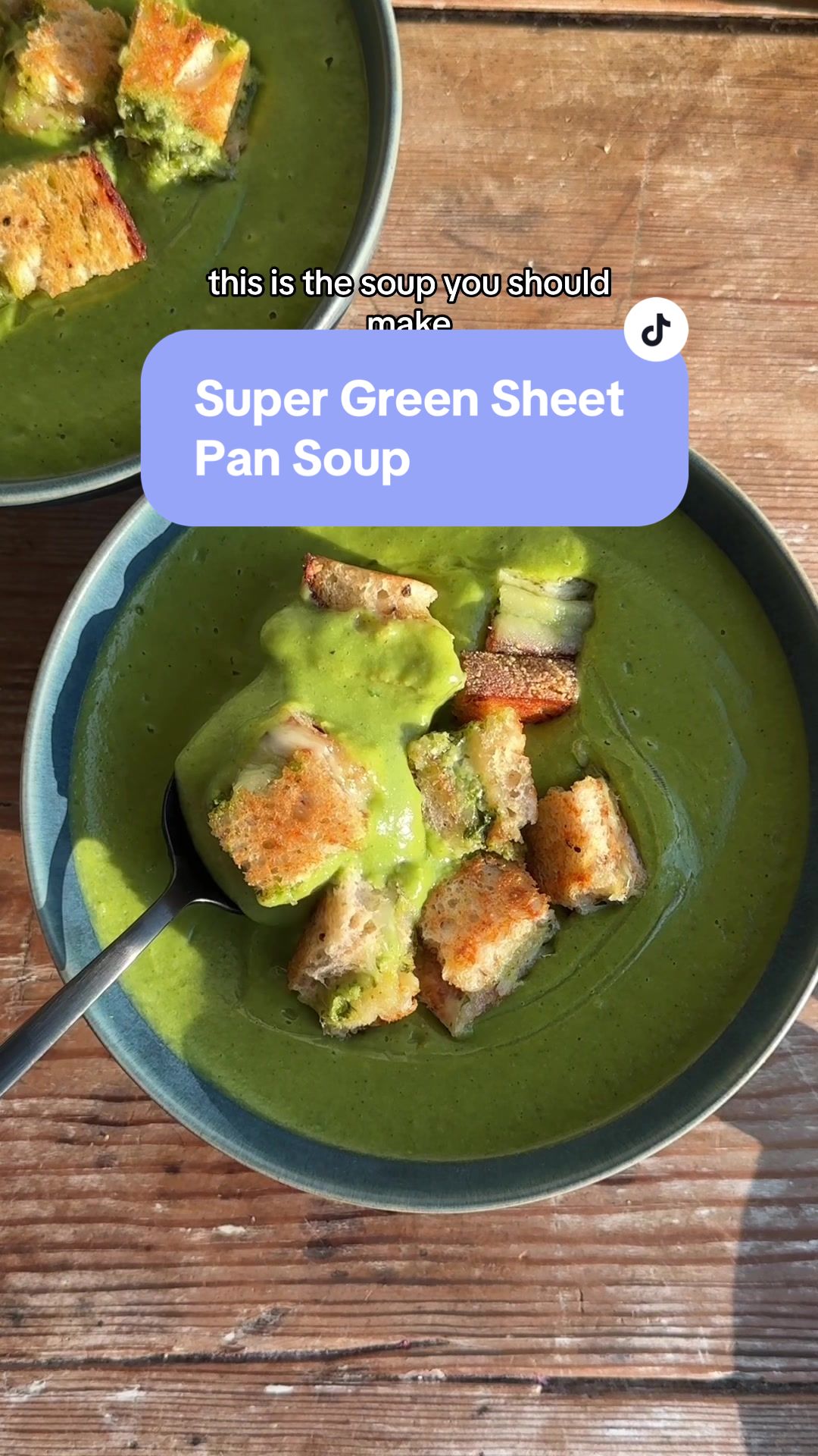Roasted Vegetable Green Soup with Pesto Croutons
